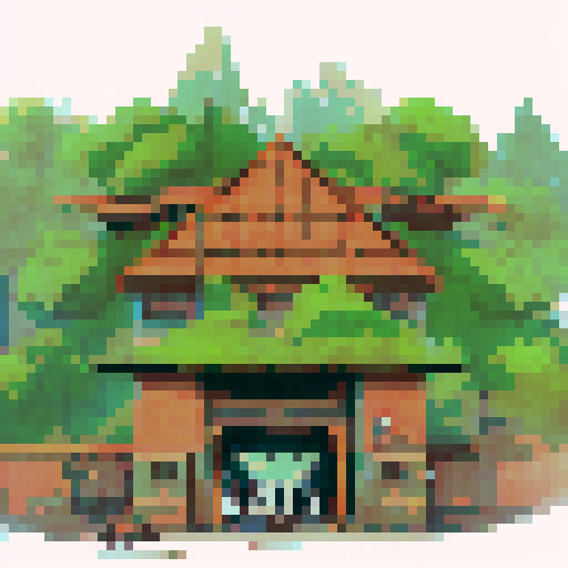 "Rustic military barracks with towering brick walls and a weathered metal roof, surrounded by lush greenery and a dusty training field, rendered in a gritty, hand-drawn style."