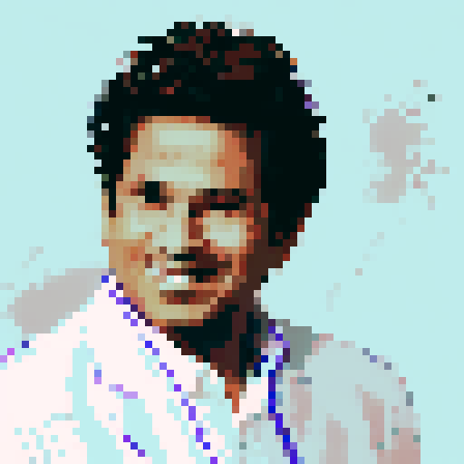 Pixel art close-up of Sachin Tendulkar, the legendary cricketer, skillfully dribbling a football in an anime style character portrait.