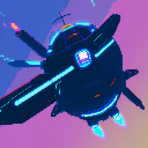 futuristic spaceship hovering above rocky planet, vibrant sky, game icon