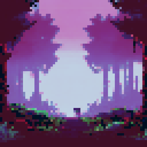 eerie, mist-covered trees, silhouetted against a dark night sky, pixel art, background, landscape