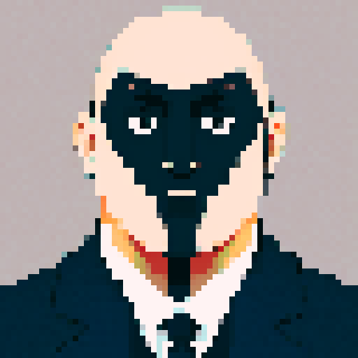 minister of foreign, serious expression, bald, close-up, confident stance, anime style, pixel art, suit, front view, 60-years-old, front view