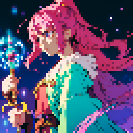 legendary anime girl wizard, long flowing hair, vibrant and dynamic colors, glowing magical staff, intricate and ornate robes, intense and focused expression, sparkling and shimmering background
