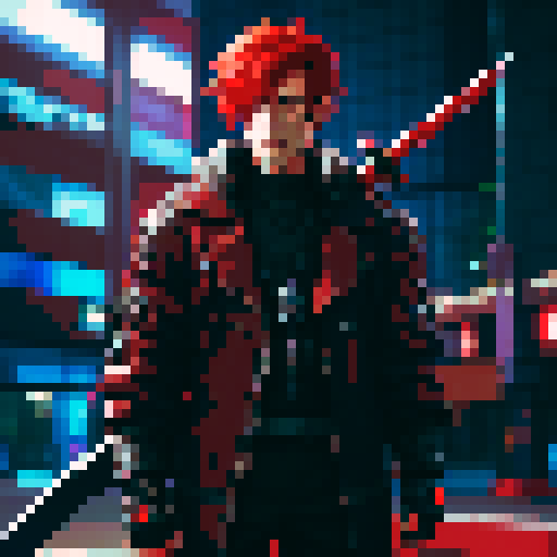 cyberpunk guy with red hair and massive sword