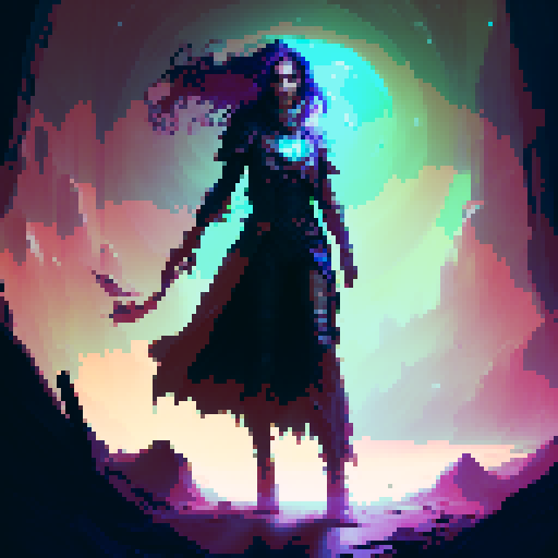 female necromancer, long dark hair, full body, action pose, swirling purple and green magic, mysterious ruins, ethereal glow, intricate staff, flowing robes, intense gaze, dark shadows, ancient spellbook, fantasy RPG