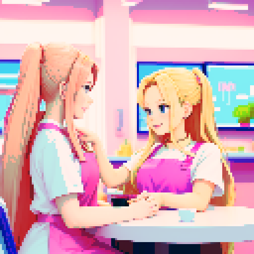 A nail tech with long blonde hair wearing a pink apron and a girl with brown hair facing each other at a table in a nail salon.