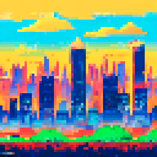 Metropolis, single towering skyscraper, vibrant sRGB colors, pixelated buildings, simple background
