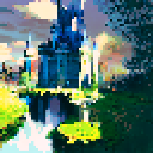 Majestic Disney castle nestled in lush greenery, framed by towering trees, with a shimmering moat and a bright blue sky in the background, rendered in a stunning landscape portrait style.