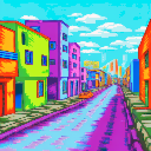 Peaceful streets in Mexico City, with vibrant houses, on a sunny day, with no one outside, no cars, no animals, no people with a side scroll view