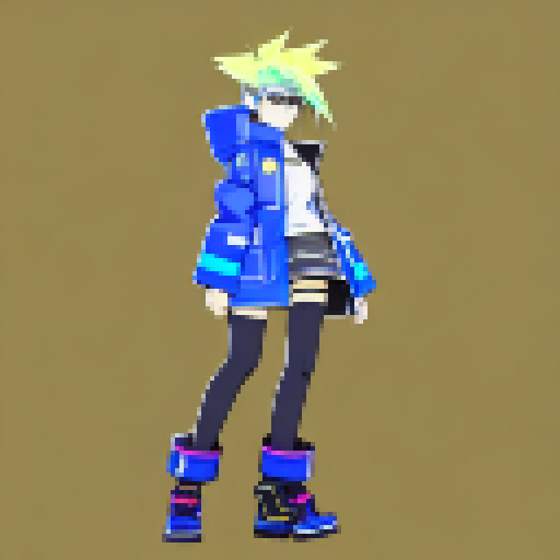 A cyberpunk themed character with yellow hair that has black highlights, with an oversized blue jacket, shooting with a gun, side view, JRPG style. No Background.