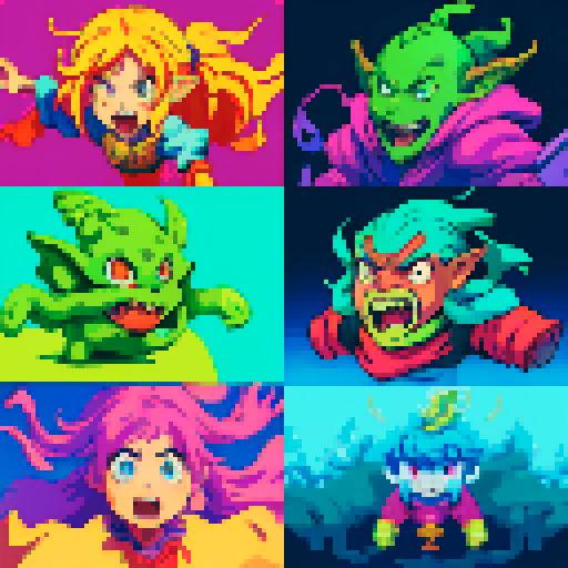 monster, vibrant colors, stylized pixel art, jrpg, slime, dynamic poses, 16-bit, expressive facial expressions, whimsical environments, fantasy creatures, action-packed scenes
