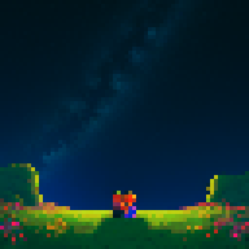 A serene, pixel-art cover image in Stardew Valley-inspired anime style. The main character sits on a grassy hill at night, silhouetted against a vast, star-filled sky. Beside him, the ghostly figure of his sister kneels, wrapping her arms around him in a comforting embrace. Both are gazing at a glowing, incomplete constellation of seven stars that dominates the sky, shimmering with mystical light. The hill is simple, dotted with faint wildflowers, while the stars and the celestial atmosphere are