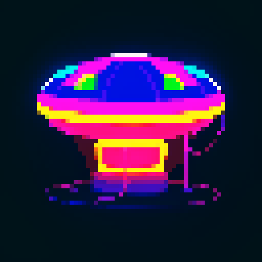UFO with vibrant neon lights, rendered in pixel art with a limited sRGB color palette