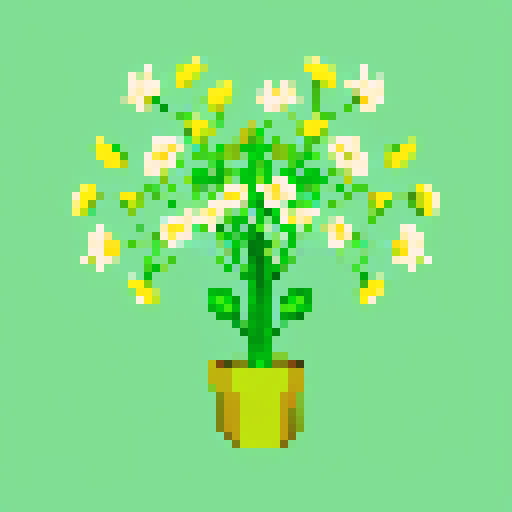 vibrant green plant, delicate stems, intricate flowers, retro color palette, low resolution pixels, vibrant hues, sharp edges, nostalgic vibes, limited color palette, 8-bit charm, crisp details, playful composition, nostalgic video game aesthetic, intricate patterns