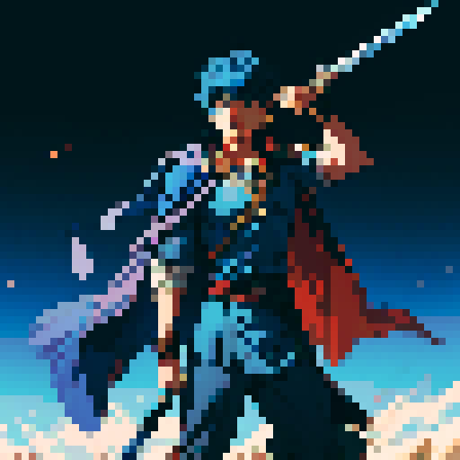 Fire Emblem Ike, determined, warrior, blue hair, cape flowing, sword in hand, commanding army below, pixel art, sRGB