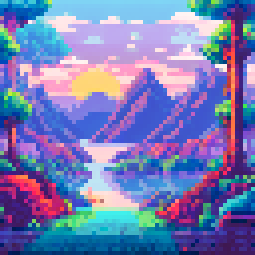 beautiful misty mountains, pink sunset horizon, pixel art background, sRGB, scenic landscape