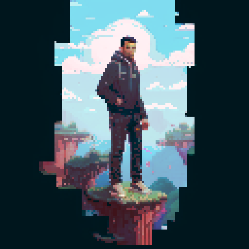 Hispanic man, heroic pose, confident expression, full body, pixel art, sRGB, solid color background