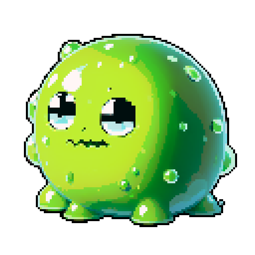 A gigantic, fearsome slime with a corrosive green body. It has a vicious expression, with small bubbles of acid forming and popping inside its gelatinous form. No background.
