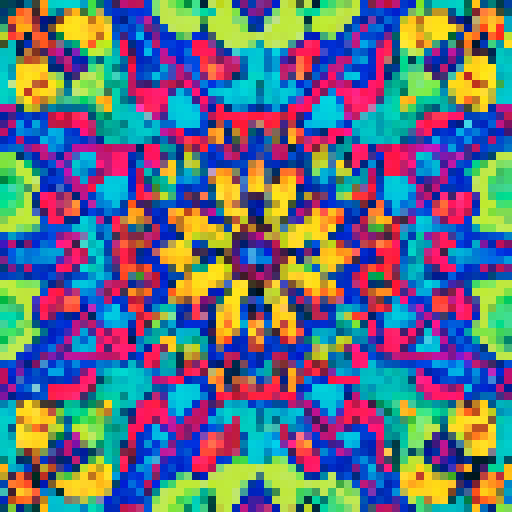 retro flower pattern, vibrant colors, intricate details, symmetrical design, geometric shapes, 8-bit style, sRGB palette, pixelated flowers, seamless repetition, nostalgic vibes, animated background, vibrant landscape