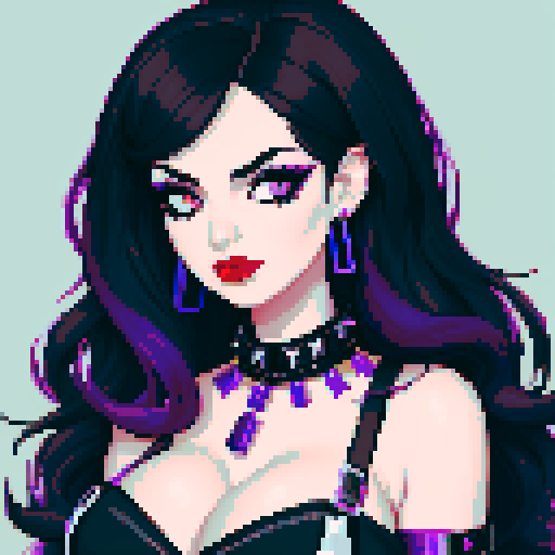 curvy, cute busty goth woman's face, whole head portrait, black hair, purple eyeshadow, red lipstick, low cut black halter top, studded collar, vibrant sRGB colors, pixel art, edgy aesthetic.