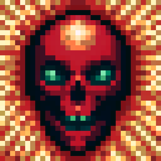 Skull with glowing red eyes, surrounded by ominous smoke and sharp, jagged edges, in the center of a 32x32 pixel game icon