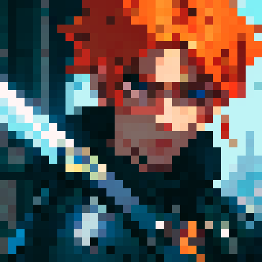 a male character with orange hair, blue eyes , job class warrior, wearing leather armer and holding sword , idlestate, facing front