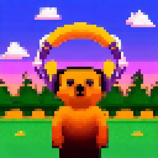 a bear wearing headphones, jumping with its arms in the air, sunset and trees in the background, pixel art, dramatic --ar 9:16 --s 750
