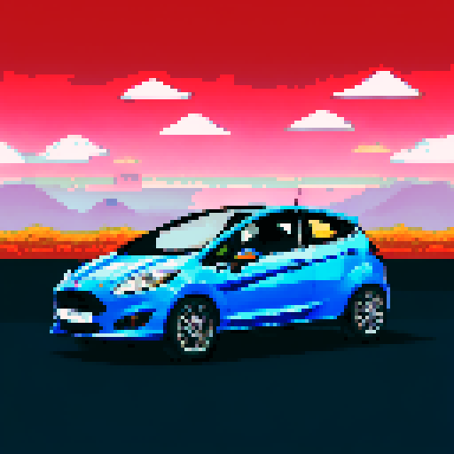 Photorealistic, centered Ford Fiesta in a three quarter view, right wheel in front, clean background, pixel art style with sRGB colors