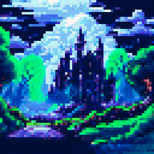 Haunted mansion, looming atop a hill, with a winding cobblestone pathway leading to its entrance, under a dark night sky filled with ominous thunderclouds and sporadic bursts of lightning, all depicted in vivid pixel art, showcasing the eerie sRGB color palette, creating a haunting background landscape