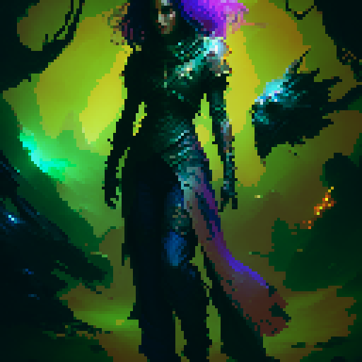 female necromancer, long dark hair, full body, action pose, swirling purple and green magic, mysterious ruins, ethereal glow, intricate staff, tight fitting flowing robes, intense gaze, dark shadows, ancient spellbook, fantasy Medieval RPG