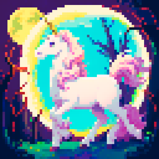 unicorn woman hybrid with cloven hooves, ethereal mane flowing, delicate golden horn, playful expression, bathed in the moons glow in a forest, clear detail, pixel art style, sRGB format