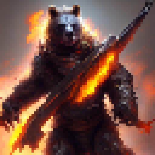 War bear charging through a fiery battlefield, wielding a massive battle axe in a suit of spiked armor, with glowing red eyes and sharp teeth bared, surrounded by fallen soldiers and scorched earth, in an epic display of power and brutality.