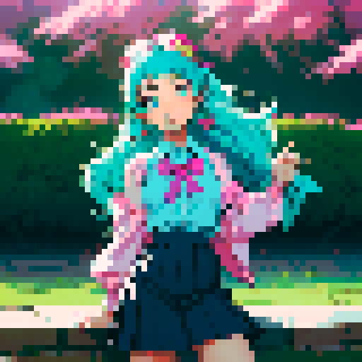 Name: Maihara Fuuka
Gender: Female
Age: Around 20, looks cute and lovely
Hair: cyan long hair, vivid eyes with a smile.  
Eyes: winking, expressing cute and some kind of tricking.
Clothing: wearing skirt.
Outfit: Expressing herself as a lovely young girl.
Accessories:  A flower on the head.
Pose: Only one hand shaking to you, smiling, and the other hand is putting behind back. Seems like verying welcoming. Stooping slightly.