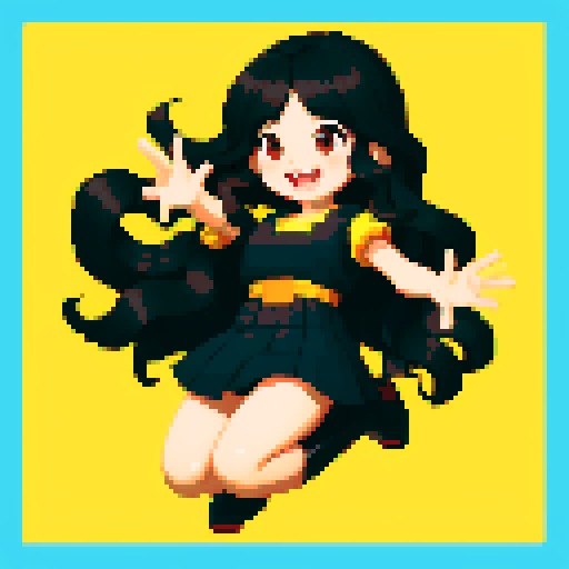 cute female, luscious wavy black long hair, brown eyes, bright smile, fair skinned, cheerful disposition, pixel art, sRGB, vibrant background, playful expressions, dynamic poses, animated gestures