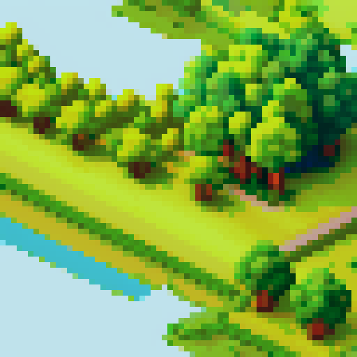 landscape of a field with a river and trees