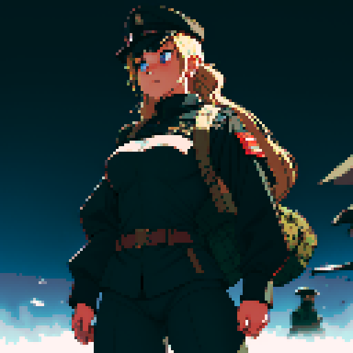full-body image, muscle girl, female, thick biceps, big shoulders, big fists, muscular physique, thick waist, facing left, ready to fight, exaggerated proportions, black military uniform, black hat, military backdrop, sRGB, pixel art, army behind her, military behind her, army in background, army, soldiers, evil, dark, evil soldiers, nazi