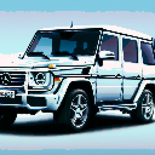 Photorealistic whole Mercedes-Benz G class, three-quarter view, right front wheel, clean background, sRGB colors, pixel art style