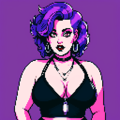 Plus size curvy, cute, busty greaser goth girl, with purple hair, black eyeshadow, red lipstick. Large breasts, large chest, wearing halter top and studded collar. Posing for sexy photo. whole head portrait, avatar photo. vibrant sRGB colors, pixel art, edgy aesthetic