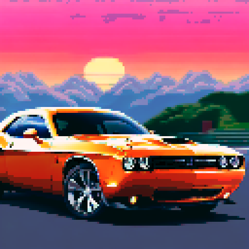 Photorealistic, centered Dodge Challenger in a three quarter view, right wheel in front, clean background, pixel art style with sRGB colors
