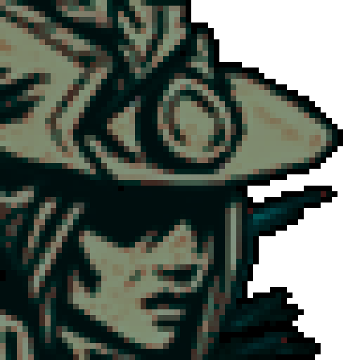 A sharp, pixelated blade slices through the sRGB-colored sky, framed by a background of jagged mountains and a sprawling landscape below, all rendered in a stunningly detailed pixel art style