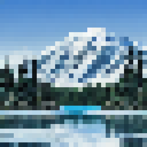 Frozen lakeside in Bob Ross style, towering snow-capped mountains in the background, pine trees with snow-laden branches, and a cozy cabin by the water's edge.