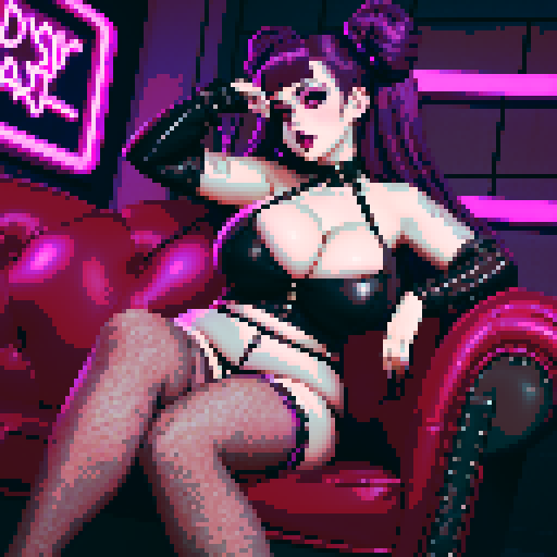 Thicc, curvy, seductive busty goth babe with studded collar, long purple hair in buns, fishnet stockings. aroused nude big titty goth in a close-up nude sexy pose, lying on her back on a couch, with legs spread. neon signage. sRGB