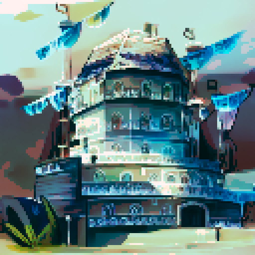 floating ship with water flowing down like a waterfall and steam, 10 stories tall, with blue colors and light  green details