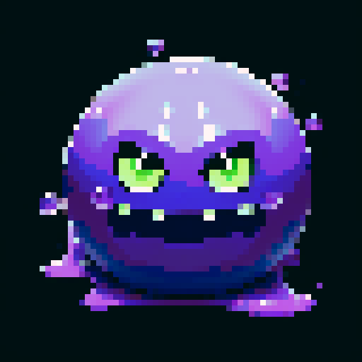 A dangerous slime with a toxic purple hue, emitting a faint glow. It has sharp, sinister eyes and a menacing expression, with toxic bubbles inside. No background.
