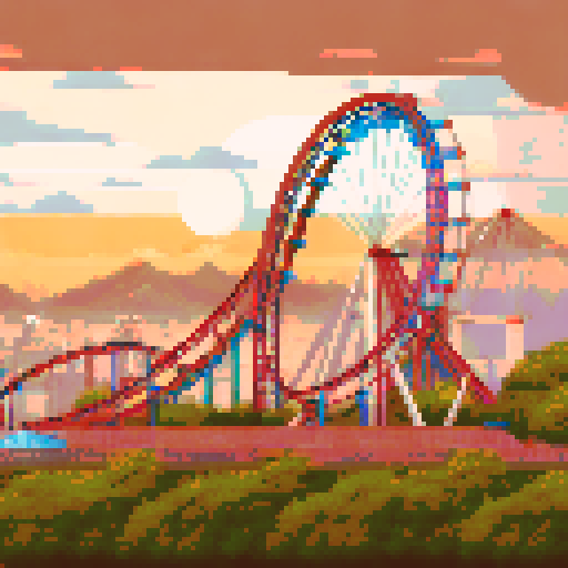 wide shot amusement park, towering roller coasters