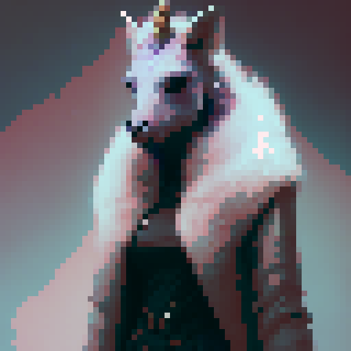 unicorn woman hybrid with cloven hooves, furry, playful expression, clear detail, pixel art style, full body character reference 
