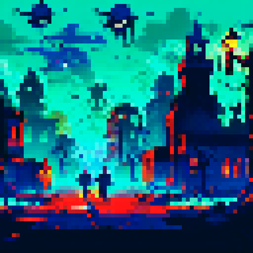 Zombie horde marching towards dilapidated buildings, abandoned streets covered in eerie darkness, flickering streetlights casting eerie shadows, overgrown vegetation reclaiming desolate landscape, broken windows reflecting scattered debris in 2D top-down pixel art style with sRGB colors, creating a haunting background landscape