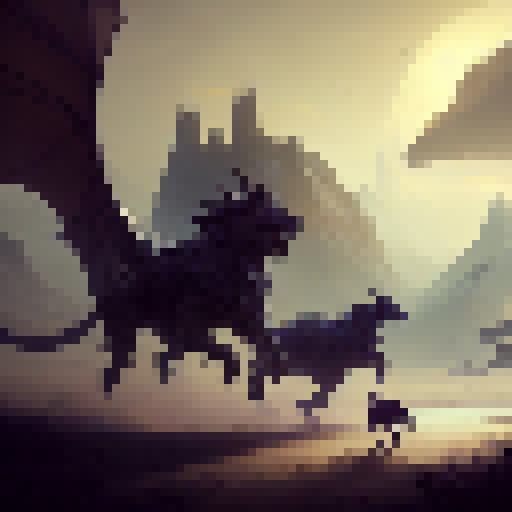 Dog and horse galloping across the vast prairie, surrounded by mystical fog, with a dragon soaring overhead and a castle in the distance, all depicted in a rich and detailed fantasy RPG-inspired concept art.