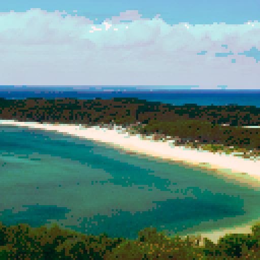 Breeze Bay Island is a small piece of land surrounded by clear ocean waters. It is shaped like a peninsula, framed by dense green trees, creating a dense forest cover.

The white sandy beach stretches along the coast, forming a natural promenade. The sand is soft and warm to the touch, inviting you to walk on it barefoot. In the distance, small dunes can be seen rising above the sandy coast.

The trees surrounding the islet create a dense green wall, behind which lush thickets of leaves and flow