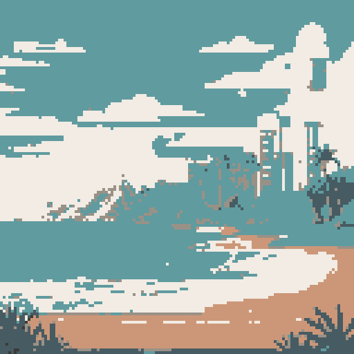 Sunrise at beach, palm trees swaying in the warm breeze, crystal clear ocean water lapping at the sandy shore, distant mountains, clouds hanging in the sky, small island in the water
