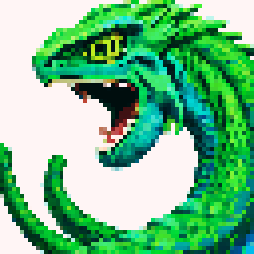 Basilisk with vibrant green scales, sharp serpentine eyes, and pixelated details in the color scheme of light blue and white

